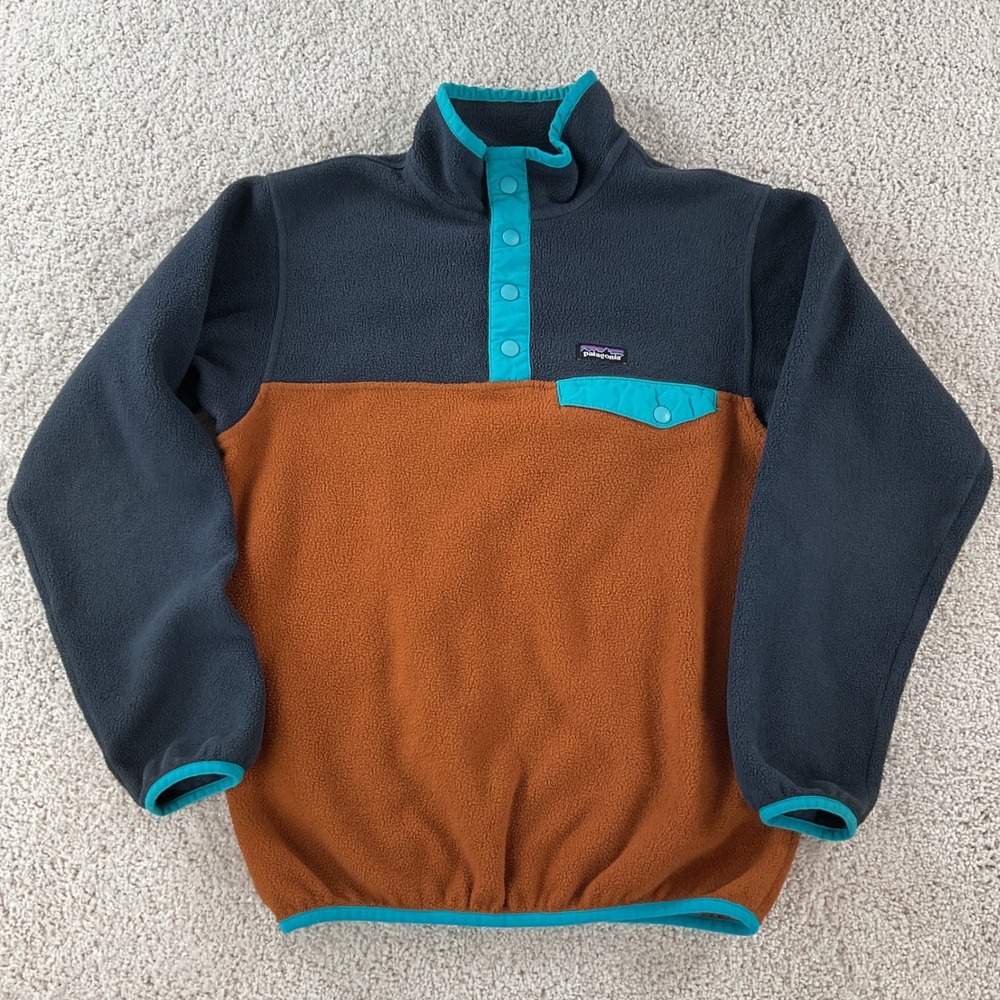 Patagonia Synchilla Snap-T Fleece Pullover Orange Teal Navy Blue Kids LG